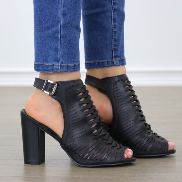 Black Open High Heel Ankle Booties - Picture 2 of 8